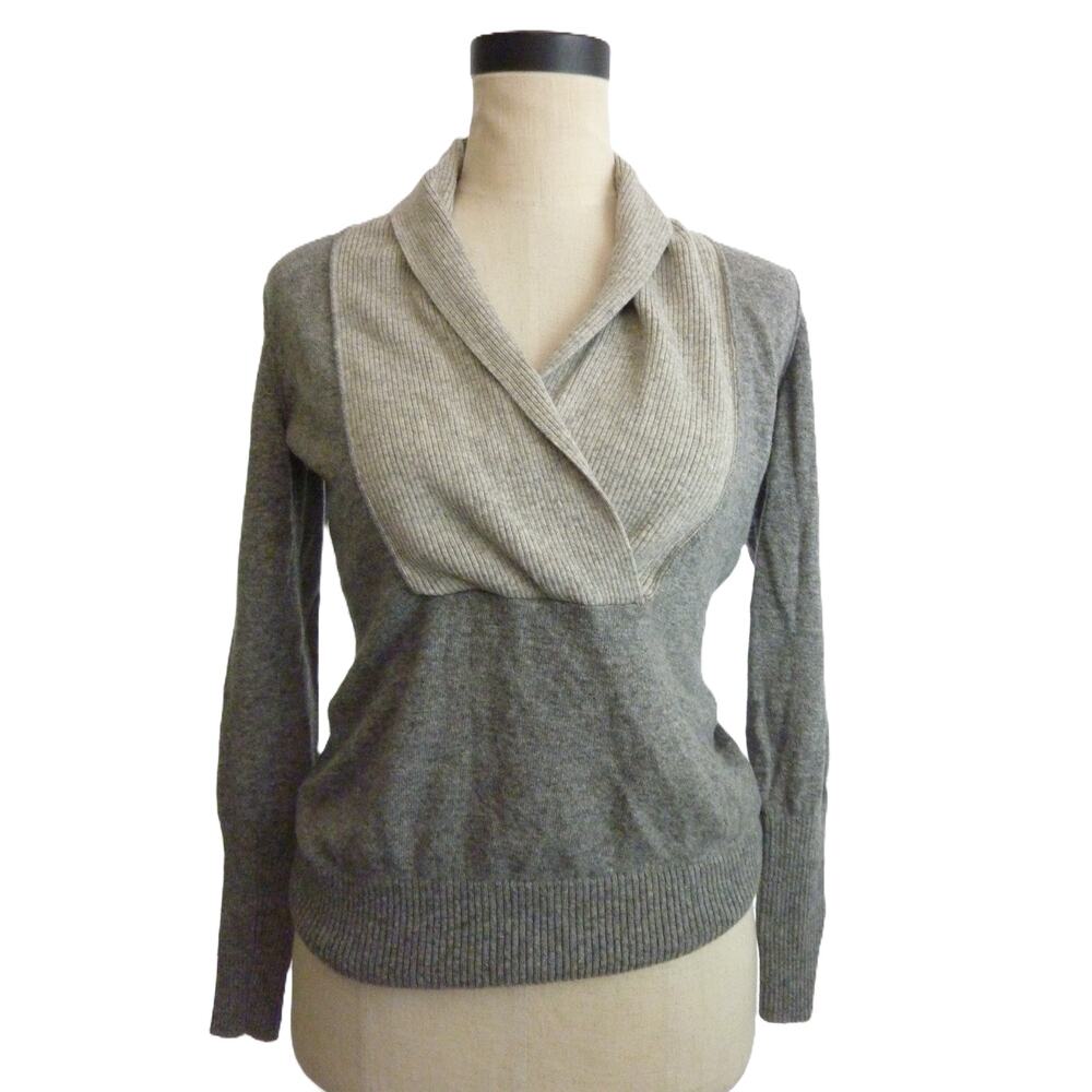 Banana Republic Gray V-Neck Criss Cross Faux Wrap Cashmere Blend Sweater XS